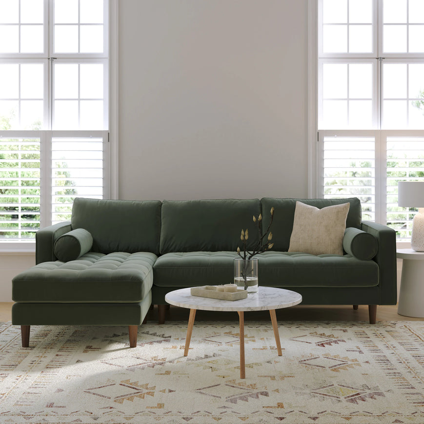 Hyde Park Tufted Velvet L-Shaped Couch - Green